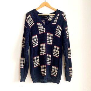 Vintage Pringle Blue Cotton Plaid Unique  V Neck Pullover Hong Kong XL